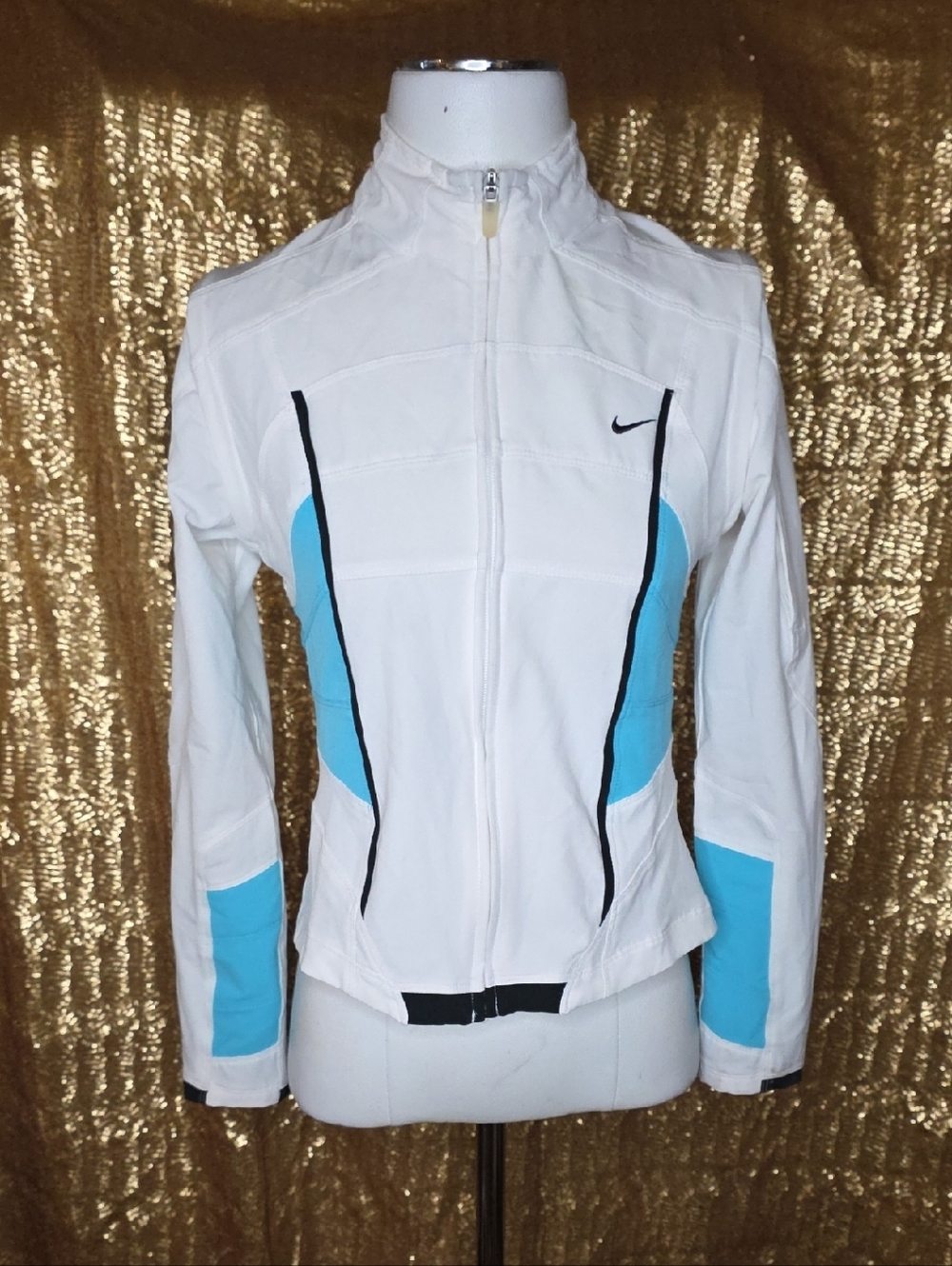 Nike Women's White & Light Blue Full-Zip Bomber Jacket, Vintage